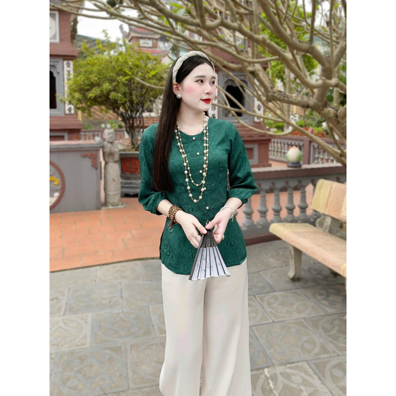 Đồ Lam Đi Chùa Nữ - Bộ lụa áo gấm tay bo cao cấp  Không Nhăn, Không Bai Giãn, Không Phai Màu