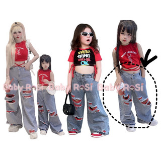 Quần jean ống rộng rách đỏ cho bé