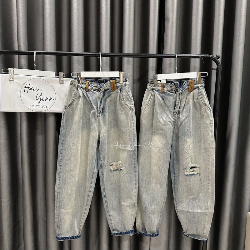 Quần baggy rách pha cạp chun đai nâu chất jeans mềm mát