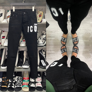 Quần jean bò nam Dsq2 đen trơn in chữ ICON trắng ngang đùi dáng slimfit đơn giản đi học boy phố QJ292P