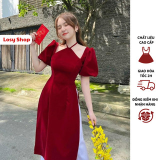 Sét áo dài cách tân đỏ cổ yếm tay phồng + quần