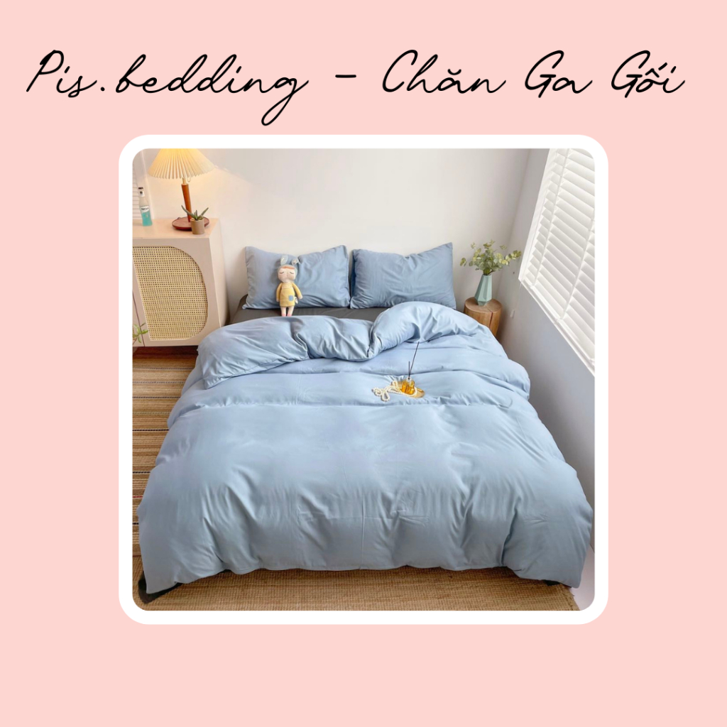 Bộ Chăn Ga Gối Cotton Đũi - Xanh Da Trời Phối Ghi Đậm