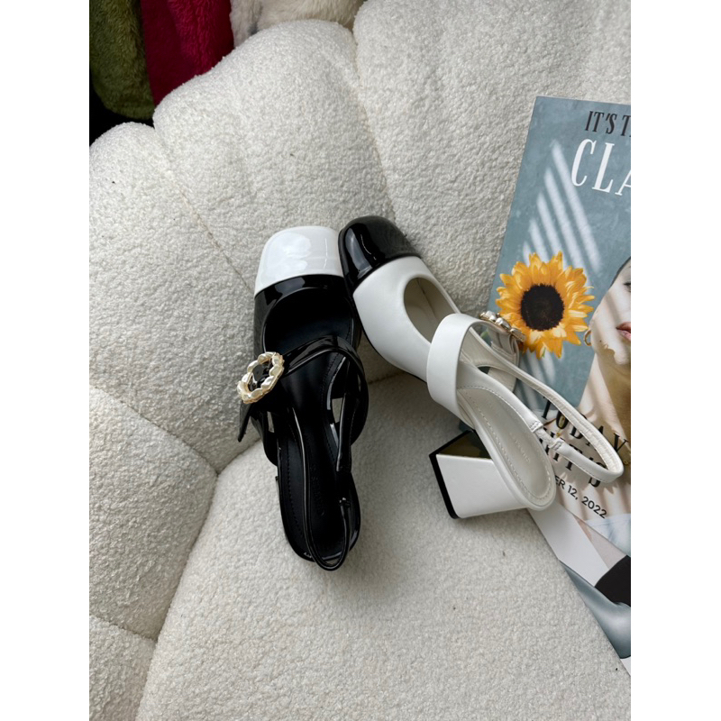 Giày sandal búp bê Cnk gót vuông cao 6cm quai đính hoa phối màu dễ phối đồ hack dáng hàng Fullbox mới 2023 G08