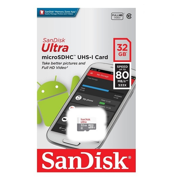 Thẻ nhớ microSDHC Sandisk 32GB upto 100MB/s 533X Ultra - Hàng Chính Hãng