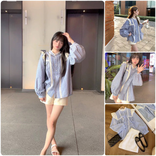 Sét áo sọc xanh viền ren + quần short