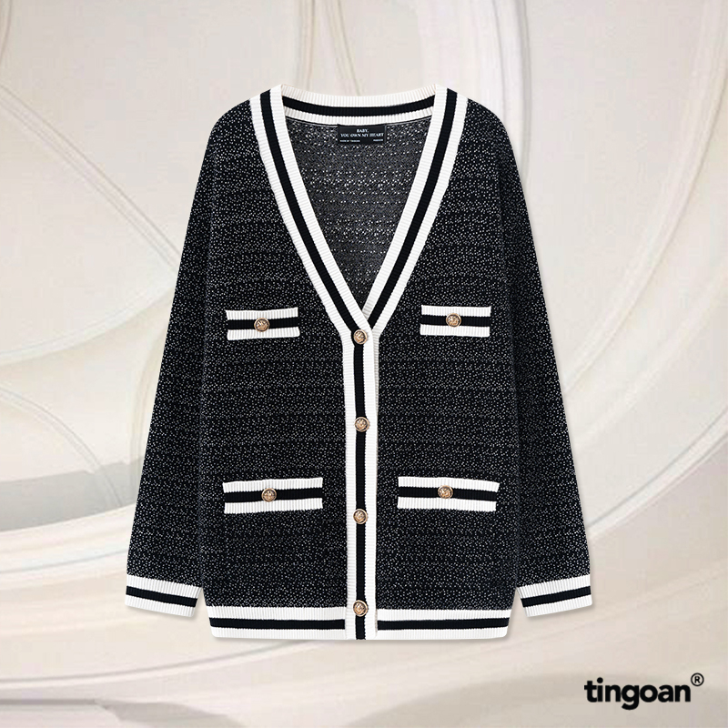 TINGOAN® - Áo khoác cardigan len xù đen viền trắng RAINBOW BABY CARDIGAN/BL