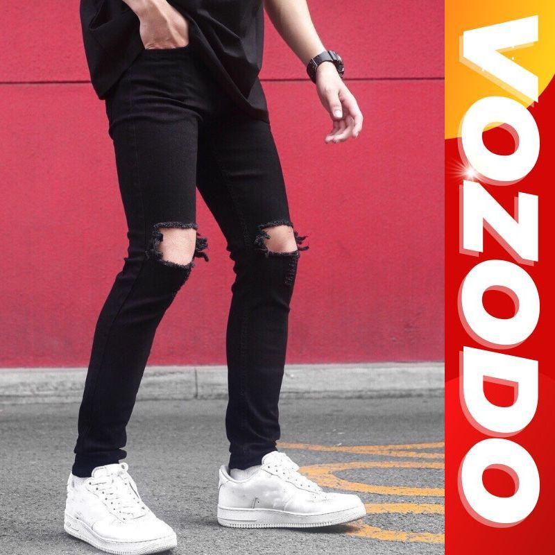Quần jean nam màu đen rách gối to chất bò cao cấp co dãn 4 chiều cực đẹp, quần bò nam Vozodo 05 nhiều mẫu mới