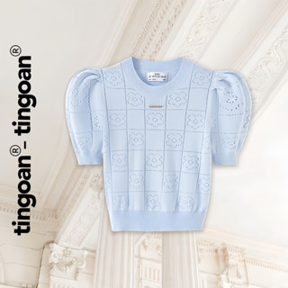 TINGOAN® - Áo len siêu mỏng xanh blue có logo TINGOAN® ngắn tay cổ tròn vân hoa  FLOWER TOP/BLUE phiên bản mới T2.2025