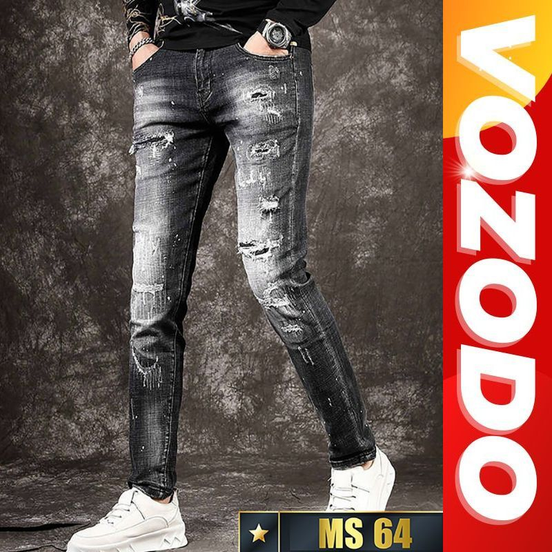 Quần jean nam màu đen rách xước chất bò co dãn 4 chiều cực đẹp form skinny ống côn quần bò nam Vozodo 64 Nhiều Mẫu Mới