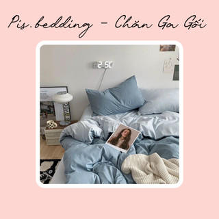 Bộ Chăn Ga Gối Cotton Đũi No Tag - Xanh Da Trời Phối Xanh - Pisbedding