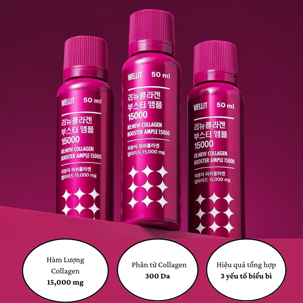 Renew Collagen Wellit  Booster Ample Hàm Lượng Cao 15000mg Trẻ Hóa Tái Tạo Da Trắng Da 14 chai x50ml