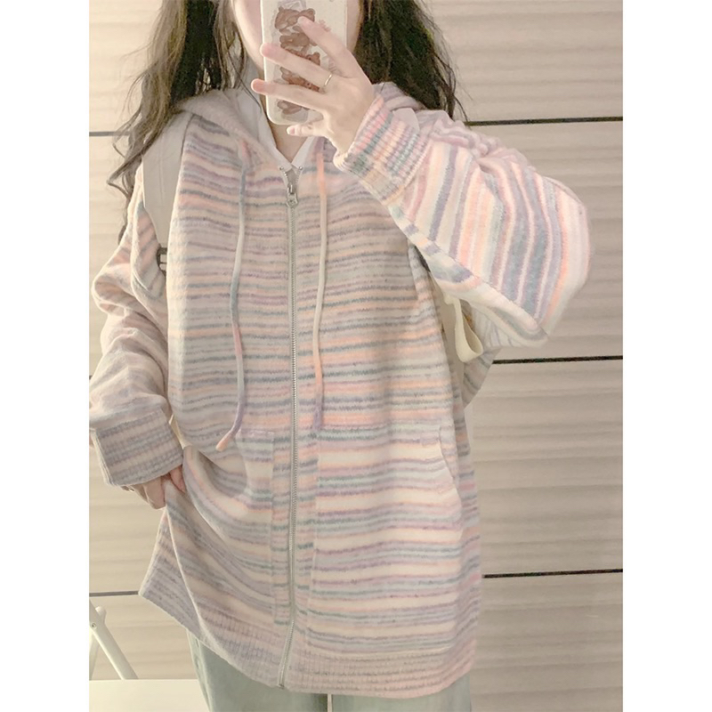 SẴN Áo len hoodie có khoá kéo mũ len phối màu hồng pastel ngọt ngào nữ sinh thu đông ulzzang form chùm mông