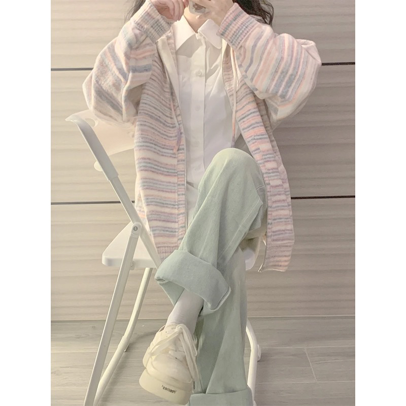 SẴN Áo len hoodie có khoá kéo mũ len phối màu hồng pastel ngọt ngào nữ sinh thu đông ulzzang form chùm mông