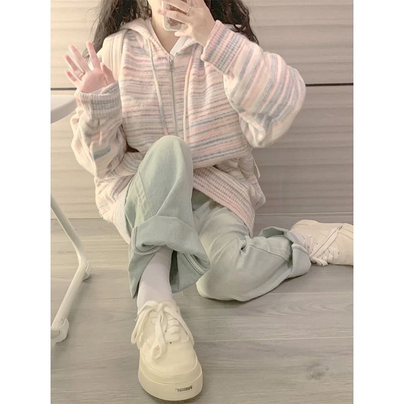 SẴN Áo len hoodie có khoá kéo mũ len phối màu hồng pastel ngọt ngào nữ sinh thu đông ulzzang form chùm mông