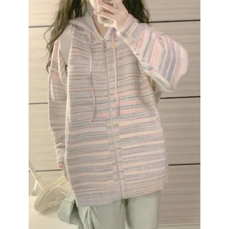 SẴN Áo len hoodie có khoá kéo mũ len phối màu hồng pastel ngọt ngào nữ sinh thu đông ulzzang form chùm mông