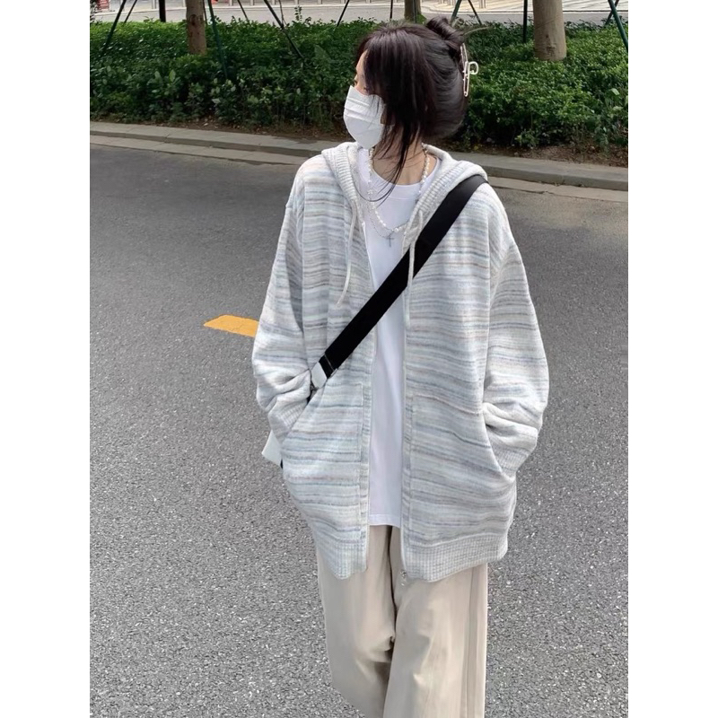 SẴN Áo len hoodie có khoá kéo mũ len phối màu hồng pastel ngọt ngào nữ sinh thu đông ulzzang form chùm mông