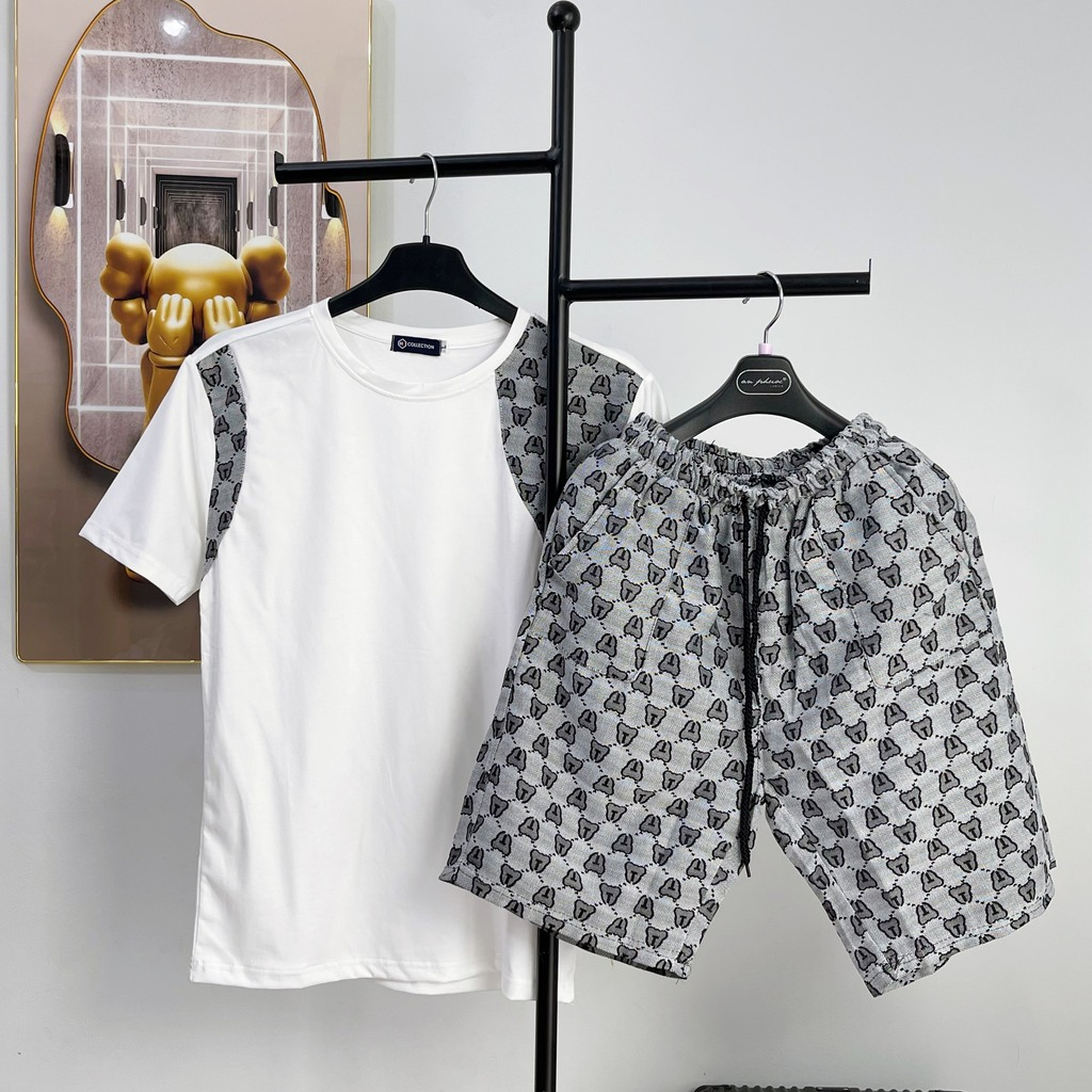 Bộ quần áo thun nam tay ngắn, set áo nam phối sọc vai, quần đùi bố thô họa tiết răng, chất cotton thoáng mát