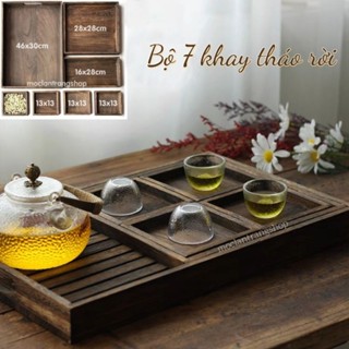 Bộ khay Gỗ Ngô Đồng 7 món đựng ấm chén uống trà, bánh kẹo kiểu Nhật. Khay decor nhiều ngăn trang trí màu vintage retro