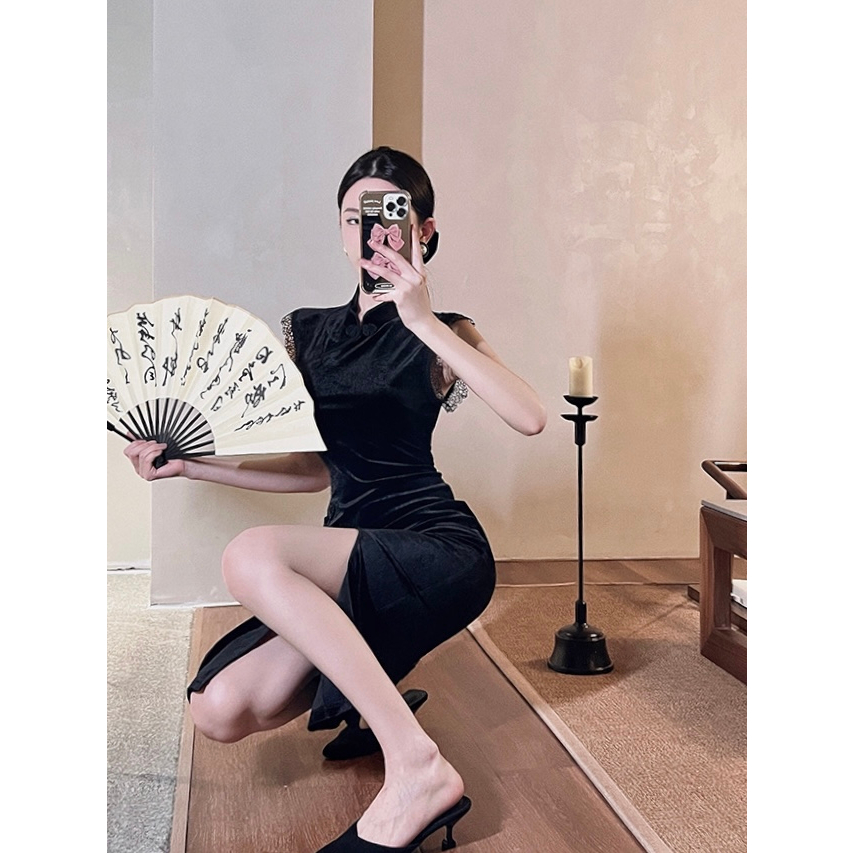 Sườn Xám Nhung Đen Sang Trọng 40-65Kg