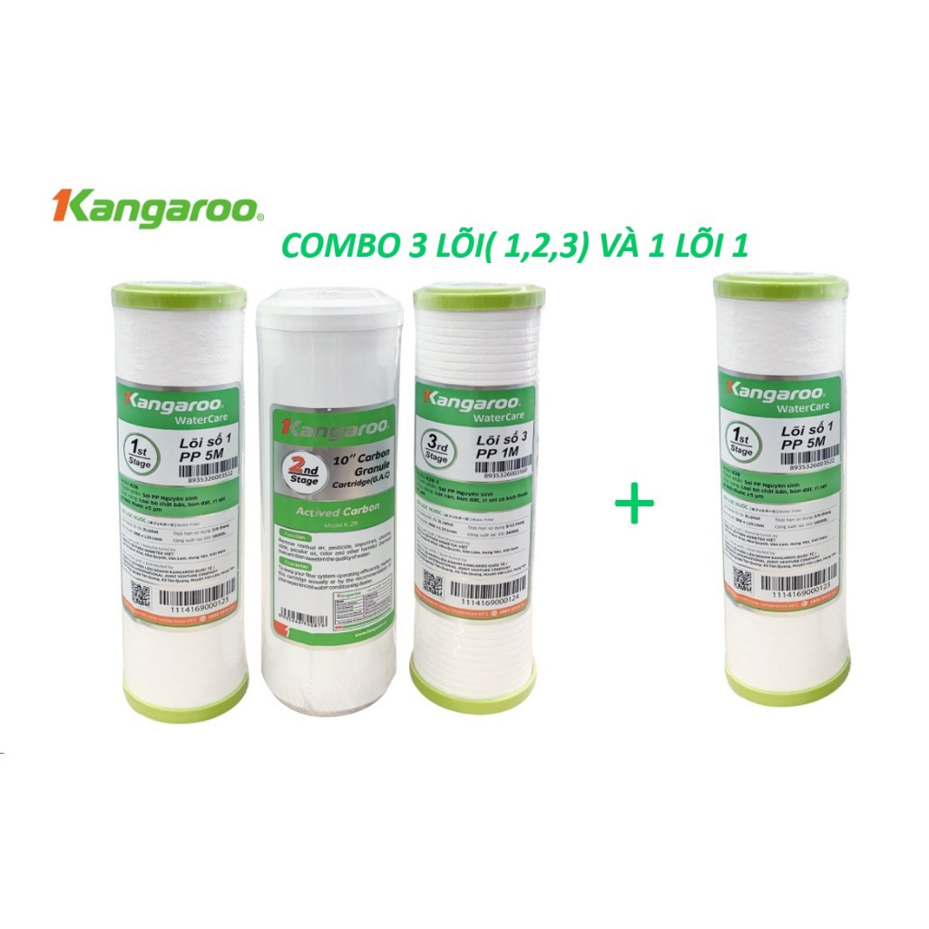 Bộ 4 Lõi lọc nước Kangaroo - Lõi 1/2/3 + lõi 1- cam kết hàng Chính hãng của Kangaroo