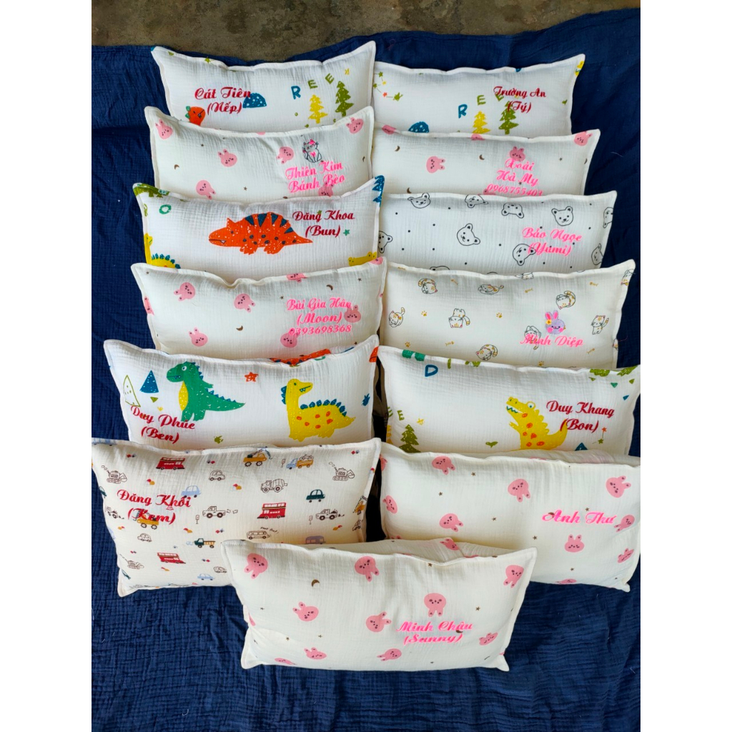Gối Thêu Tên Bé Theo Yêu Cầu, Gối Sơ Sinh, Gối Trẻ Em, Vải Xô Muslin Nhiều Họa Tiết cute Và Nhiều KíchThước