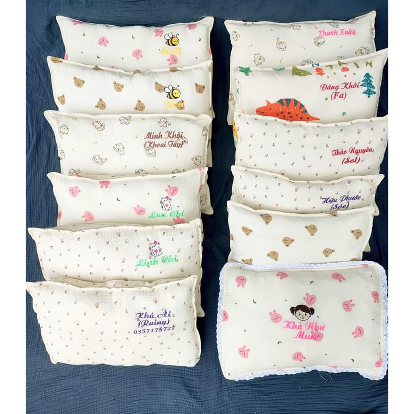 Gối Thêu Tên Bé Theo Yêu Cầu, Gối Sơ Sinh, Gối Trẻ Em, Vải Xô Muslin Nhiều Họa Tiết cute Và Nhiều KíchThước