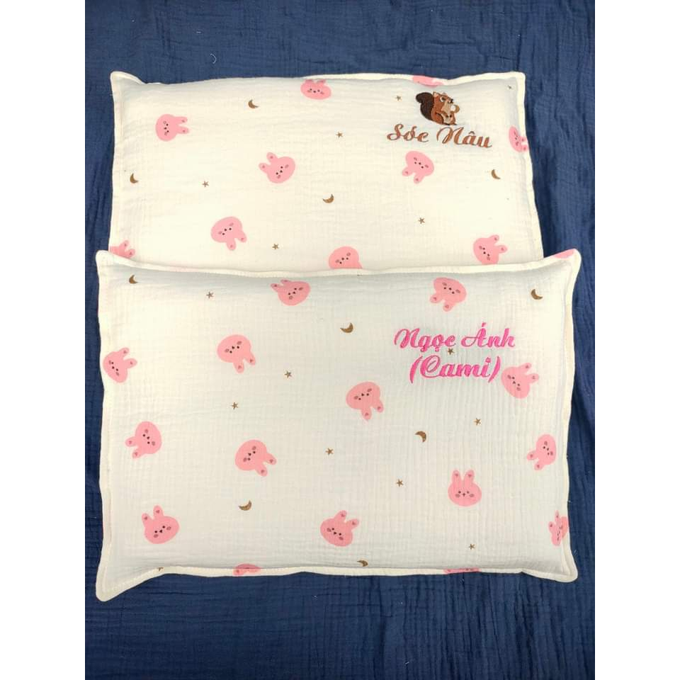 Gối Thêu Tên Bé Theo Yêu Cầu, Gối Sơ Sinh, Gối Trẻ Em, Vải Xô Muslin Nhiều Họa Tiết cute Và Nhiều KíchThước