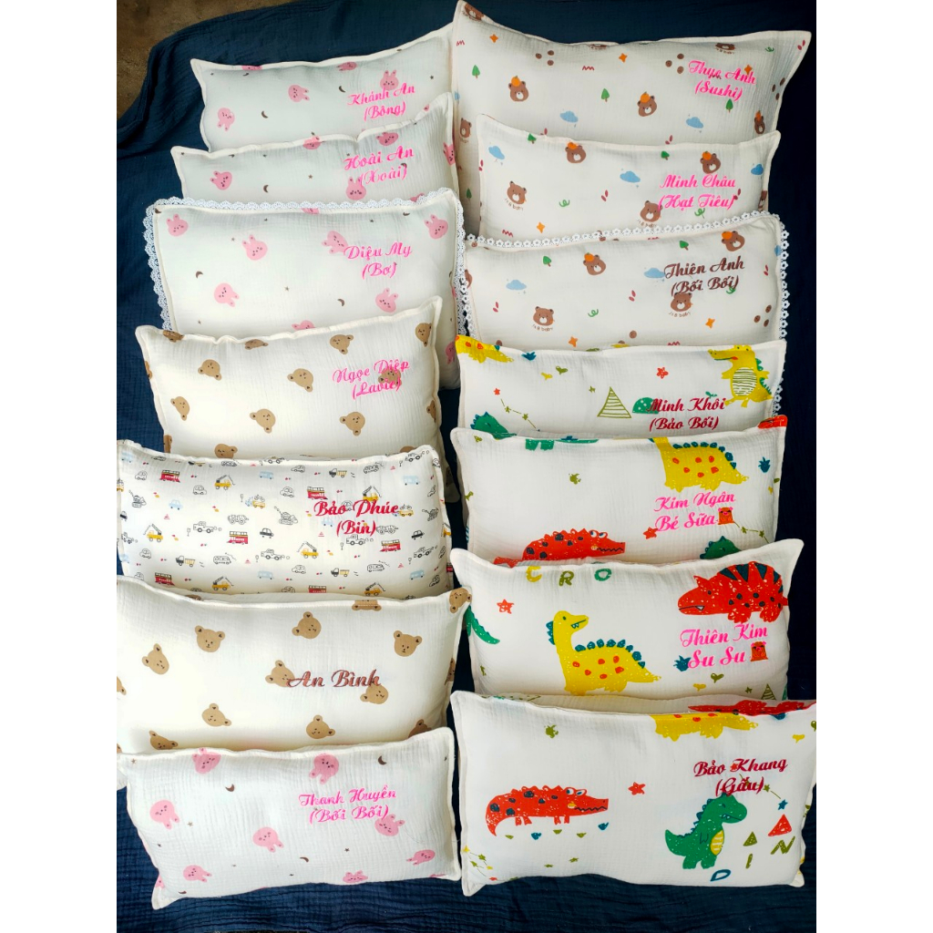 Gối Thêu Tên Bé Theo Yêu Cầu, Gối Sơ Sinh, Gối Trẻ Em, Vải Xô Muslin Nhiều Họa Tiết cute Và Nhiều KíchThước