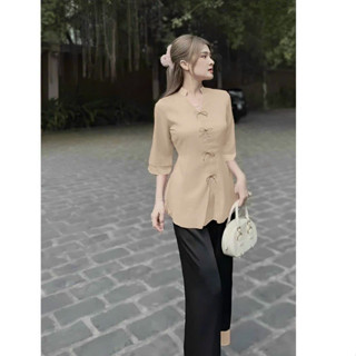 Set bộ áo bà ba đi chùa thời trang nữ chất tuyết nhung cổ tàu nút bọc nơ sau tay dài quần dài lưng thun ống đứng maxi