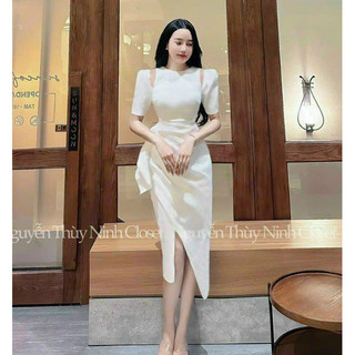 Đầm thời trang nữ dự tiệc sang trọng chất cotton lạnh cổ tròn xẻ lai tay dài phối nơ váy chéo ôm maxi siêu xinh