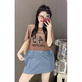 Đầm suông tay ngắn cổ tròn phối jean in số 45 sang trọng VIENS STORE