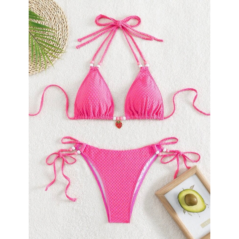 Hàng có sẵn | Set bikini 2 mảnh đính cườm cột dây khoen trái dâu