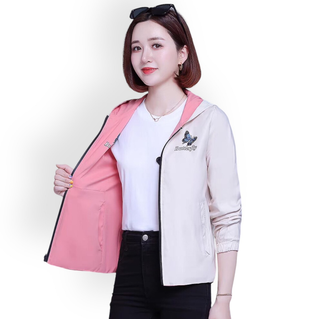 Áo Khoác Dù Nữ Mặc Được Hai Mặt, Họa Tiết Cánh Bướm Siêu Hot
