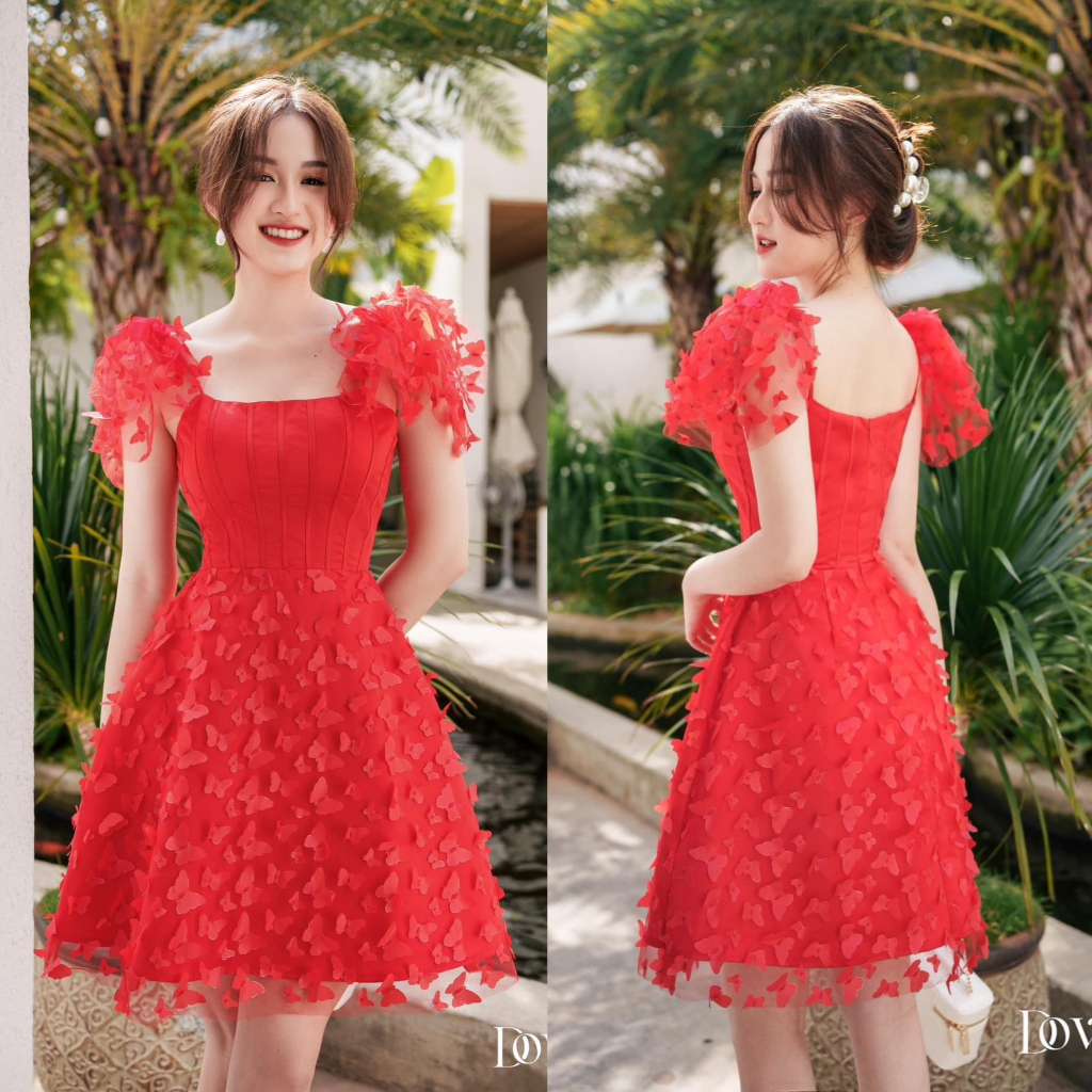 Đầm váy nữ xòe cánh tiên phối ren bướm xinh với tone màu đỏ siêu hot cho các tình yêu