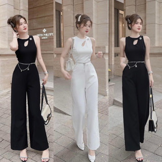 Jumpsuits nữ áo ba lỗ đính khuy cài phối quần suông dài với 2 tone trắng - đen basic xinh xắn