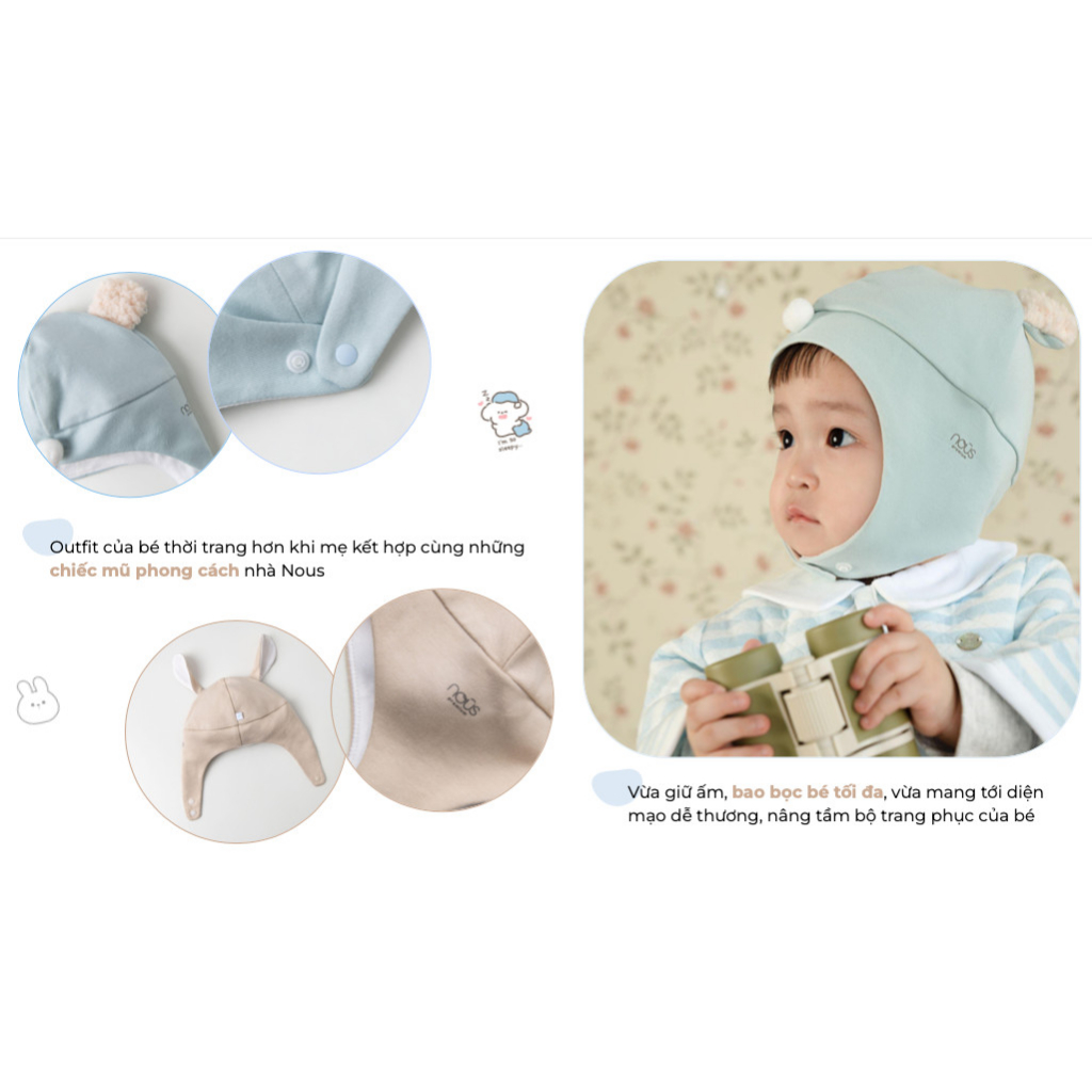 Mũ lưỡi trai cho bé trai, bé gái sơ sinh Freesize Nous tai mèo chất mềm mại, thoáng mát