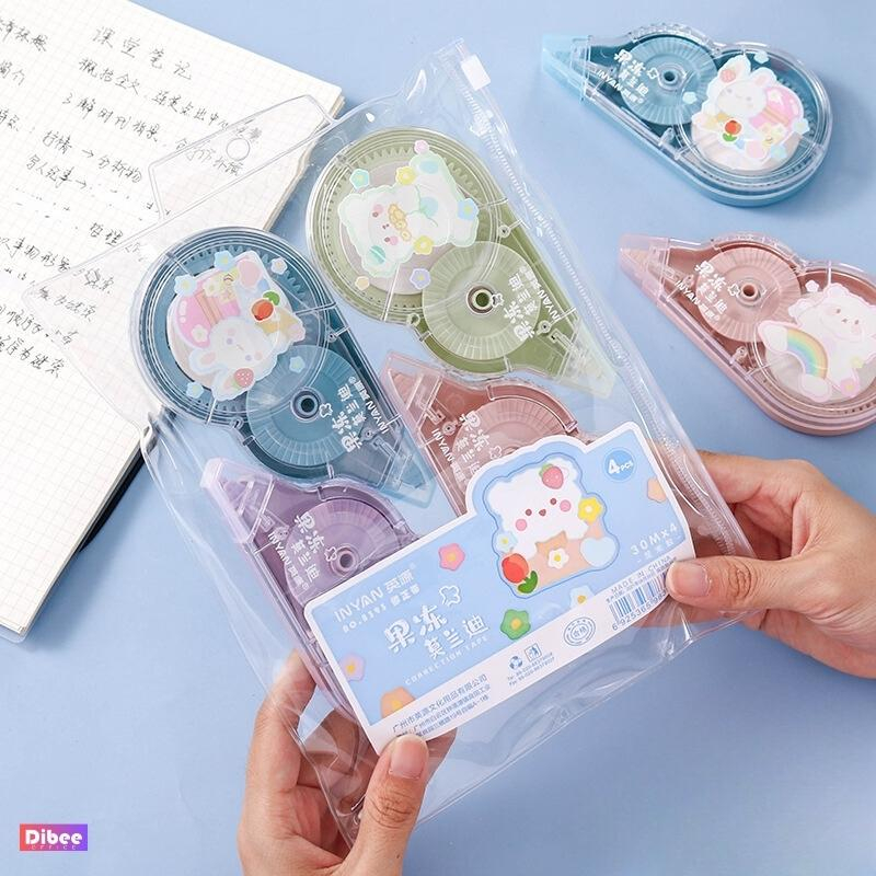 Bút xóa băng kéo DiBee, dài 30 mét, set 4 băng kéo dạng film cao cấp, lõi dày, che phủ tốt, nhiều màu dễ thương BX40