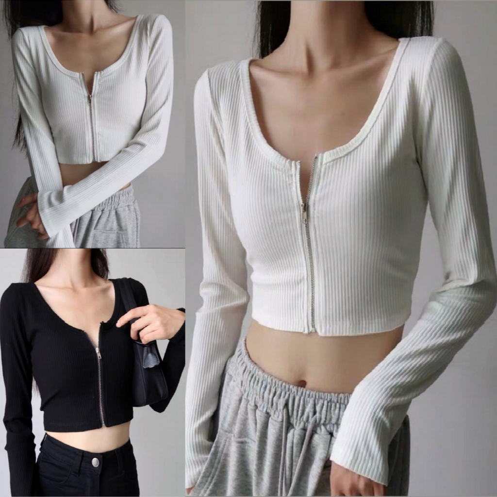 Áo Croptop Tay Dài Dây Kéo Ngực Ulzzang ORM04