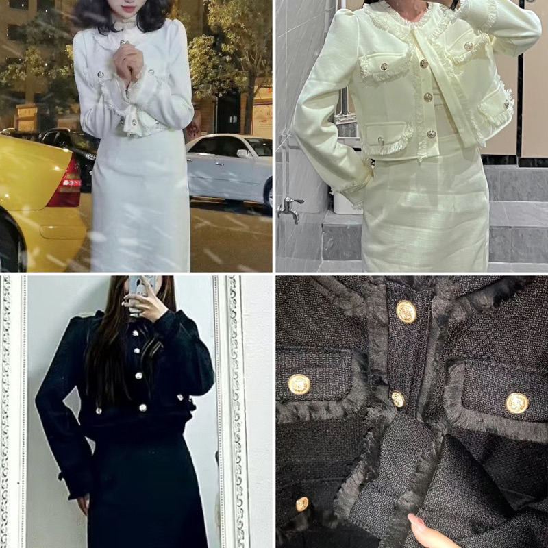 Set Dạ Tweed Áo Khoác Lửng Kèm Chân Váy Dài Hai Màu Phong Cách Sang Chảnh Hàng Quảng Châu Loại 1_Hàng Order