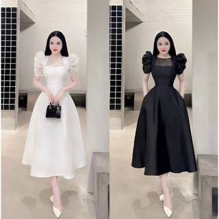 Đầm ôm dáng dài cổ vuông tay phồng thiết kế 2 lớp chất sước hàn mềm mát không nhàu V187