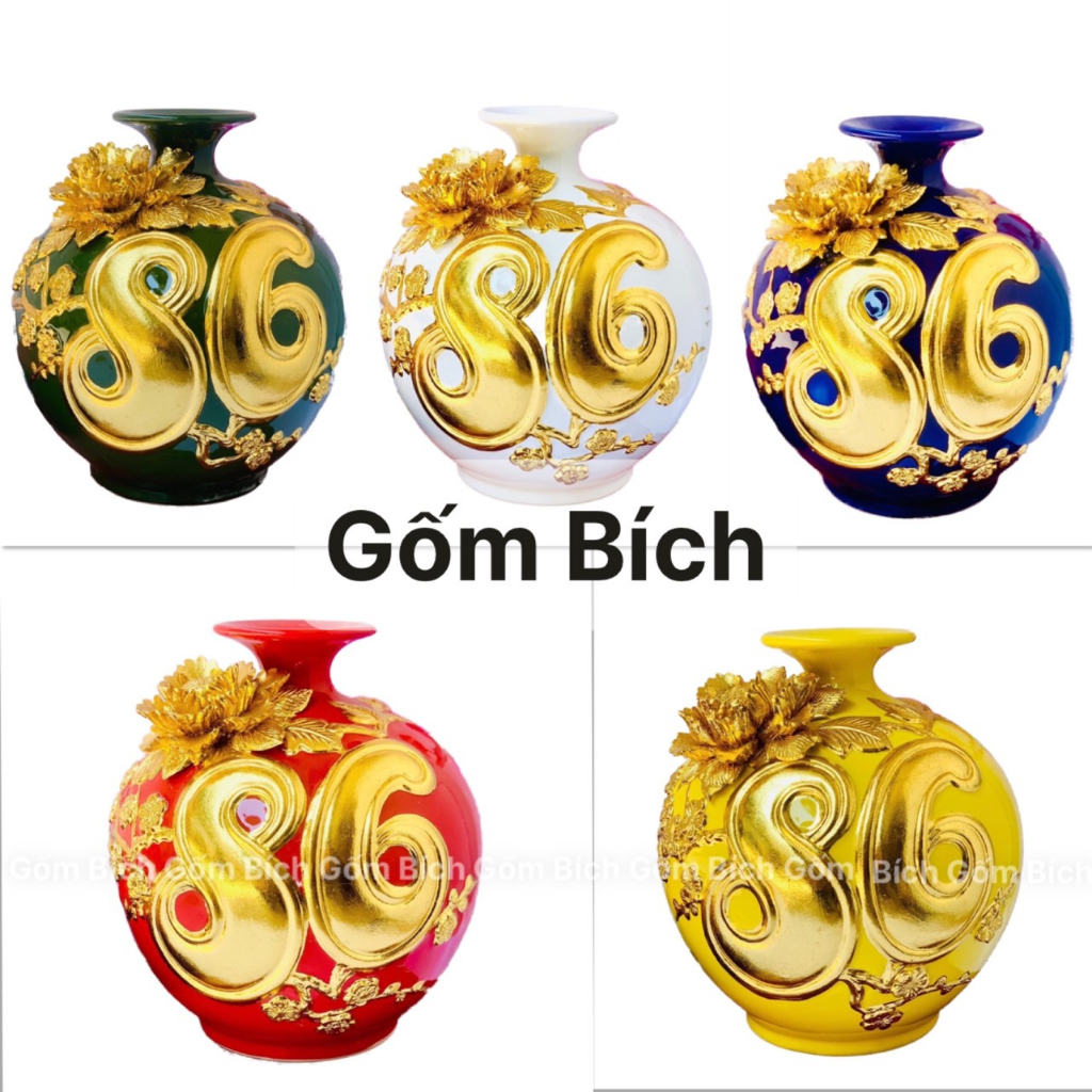 Bình Hút Lộc Dát Vàng Cao 22cm Số 86 Phát Lộc Gốm Sứ Bát Tràng Tặng Kèm Đế