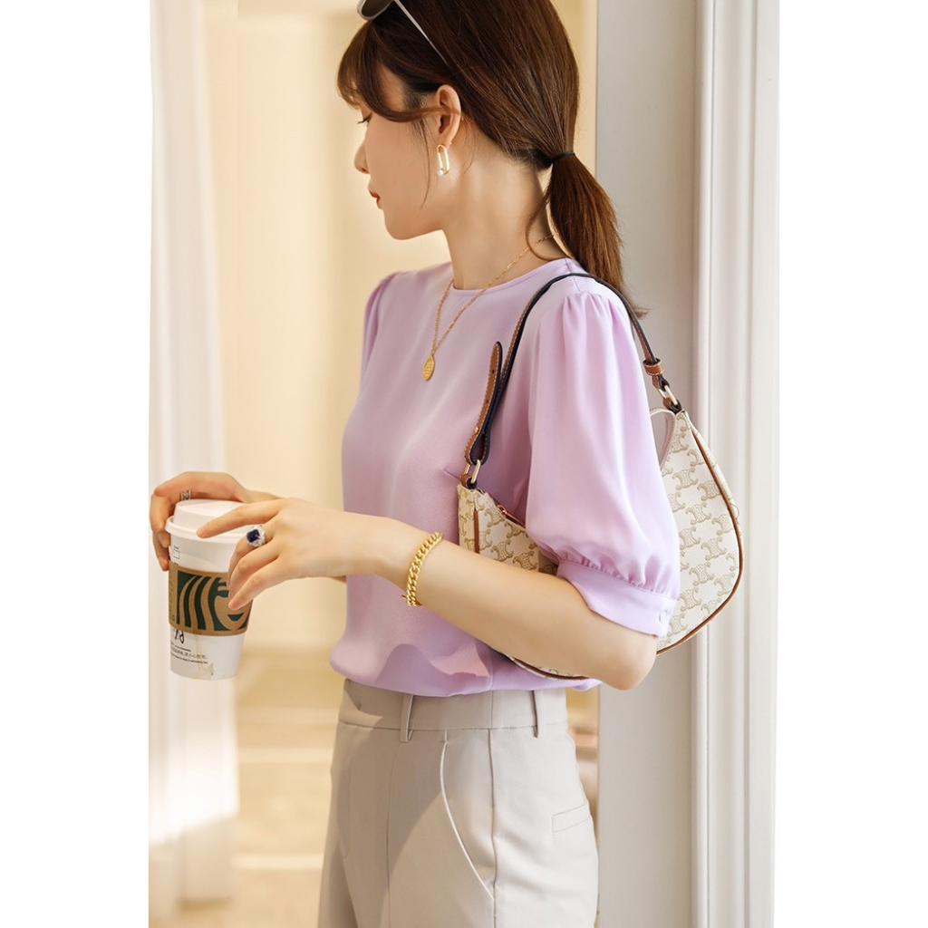 Áo Sơ Mi Nữ Cổ Tròn Tay Lửng Chất Lụa Cao Cấp_Thời Trang Trung Niên Cho Mẹ