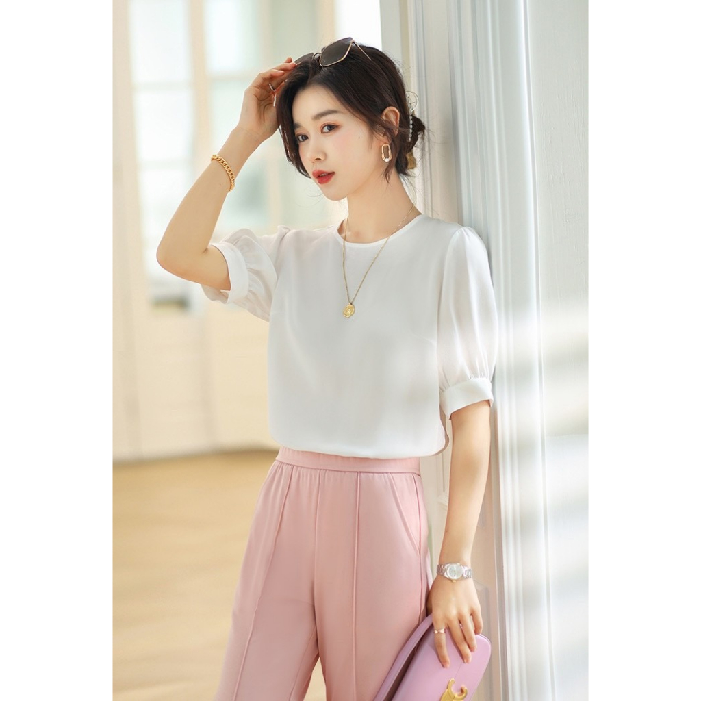 Áo Sơ Mi Nữ Cổ Tròn Tay Lửng Chất Lụa Cao Cấp_Thời Trang Trung Niên Cho Mẹ