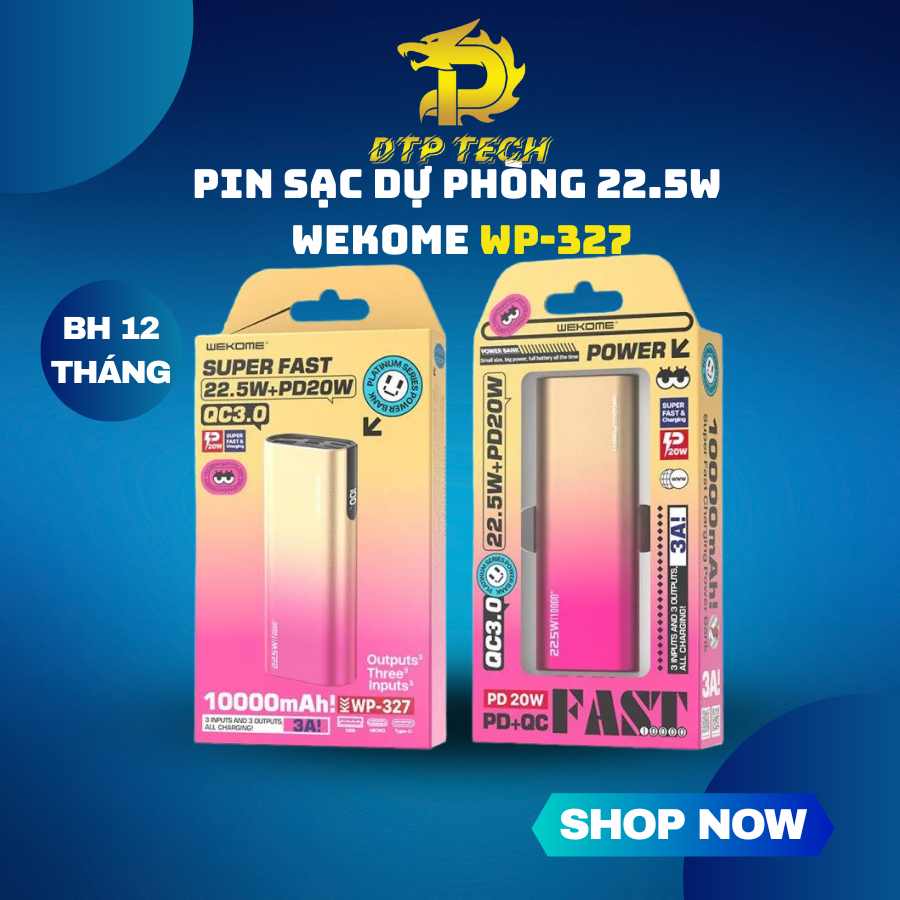 Pin Sạc dự phòng 10.000mah hỗ trợ sạc nhanh WK WP-327 22.5W 10000mAh Màu chuyển sắc đổi - hàng chính hãng Bh 12 tháng