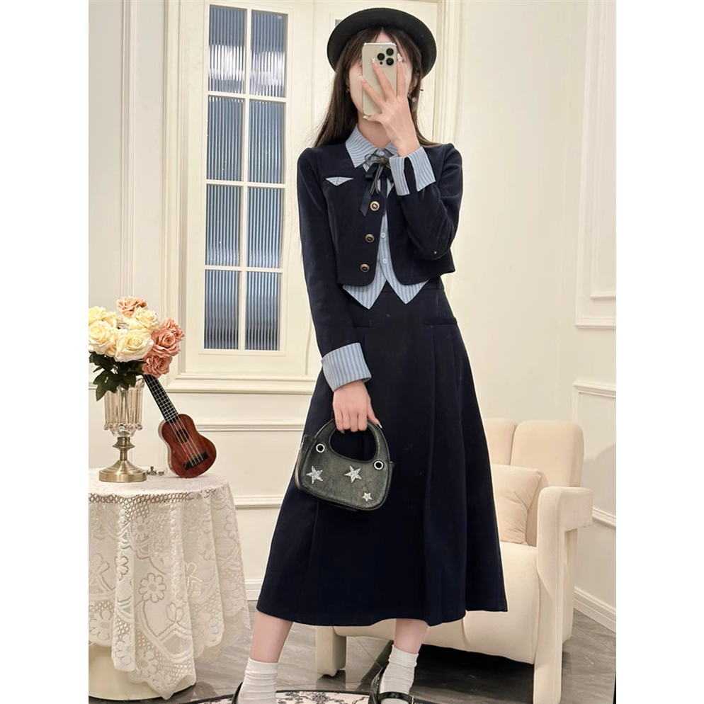 Set áo khoác croptop phối cổ sơ mi YIMI kèm chân váy xòe tiểu thưpp