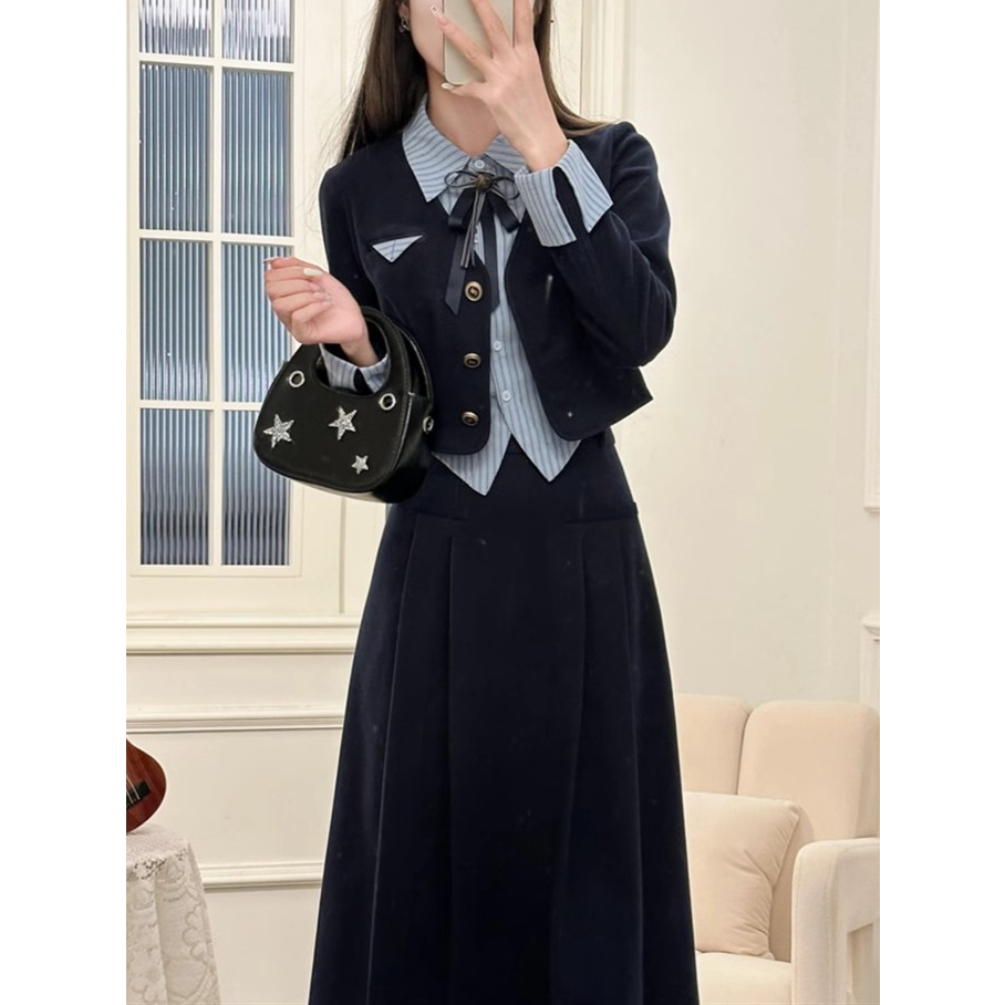 Set áo khoác croptop phối cổ sơ mi YIMI kèm chân váy xòe tiểu thưpp