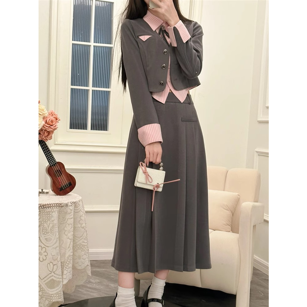 Set áo khoác croptop phối cổ sơ mi YIMI kèm chân váy xòe tiểu thưpp