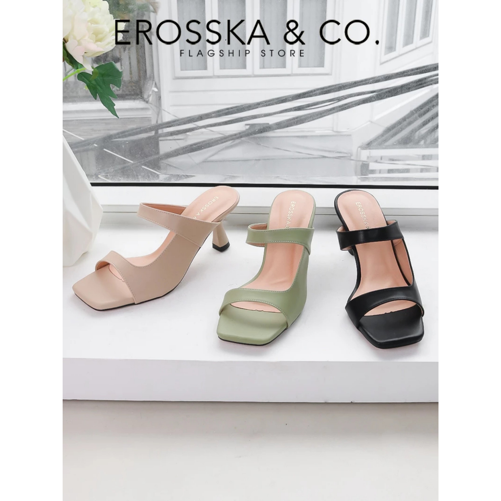 Erosska - Dép cao gót thời trang quai ngang hở mũi kiểu dáng sang trọng cao 7cm màu kem - EM108