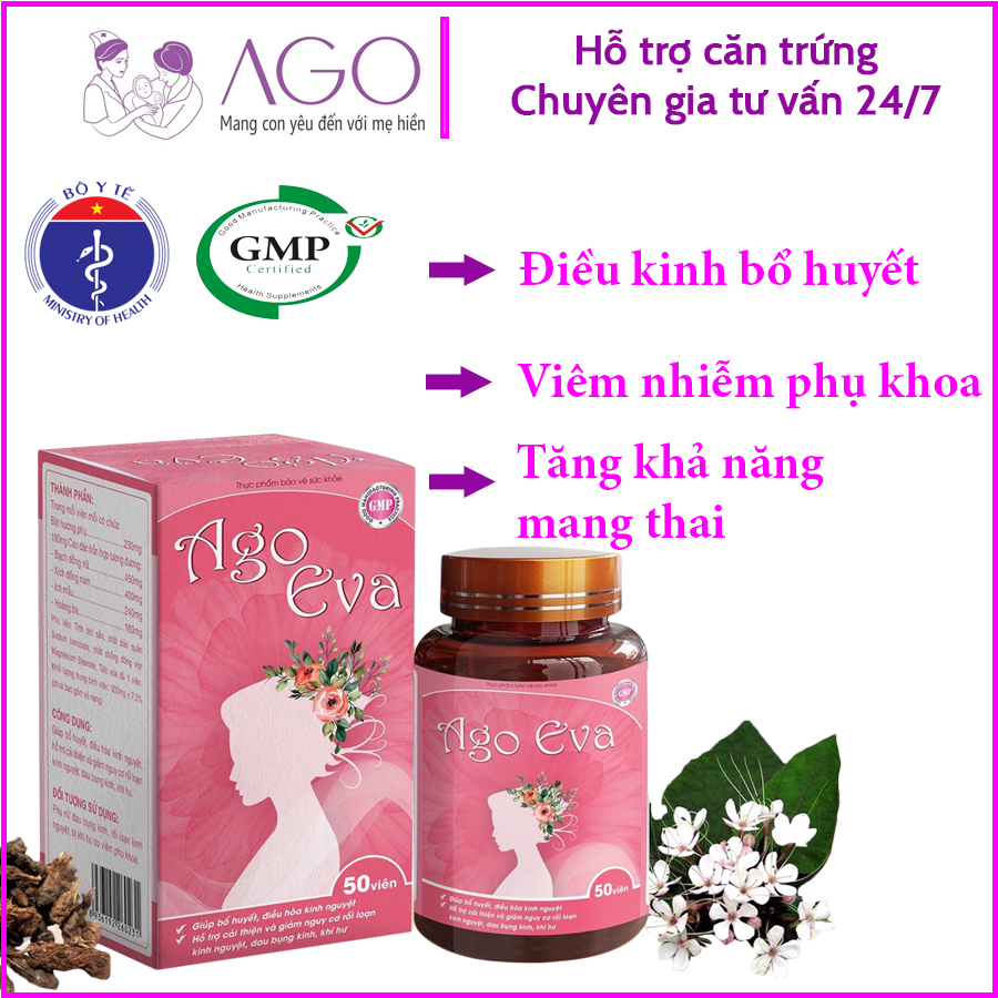 AGO EVA điều kinh bổ huyết, viêm nhiễm phụ khoa, giúp mang thai tự nhiên và kích bổ trứng (50 viên)