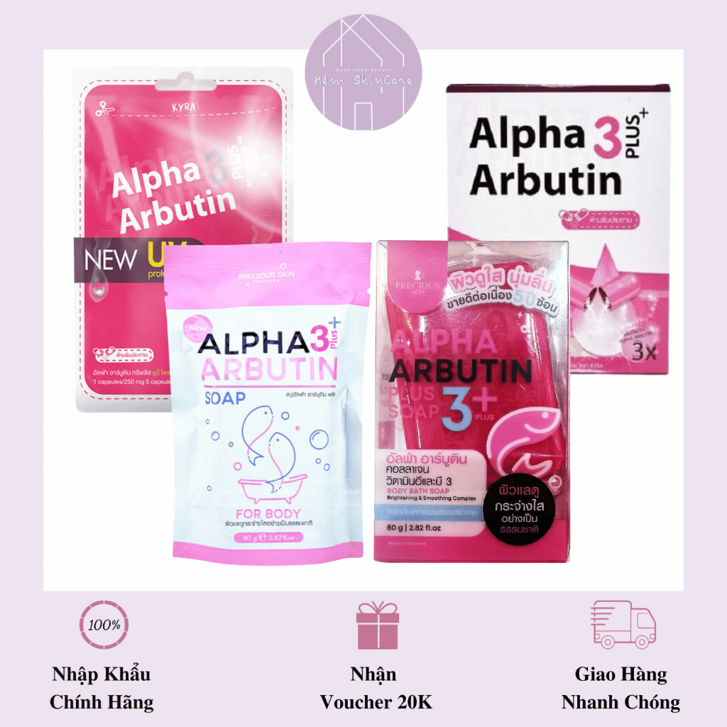 Alpha Arbutin - Viên Bột Kích Trắng & Xà Phòng Dưỡng Trắng Mịn Da Thái Lan